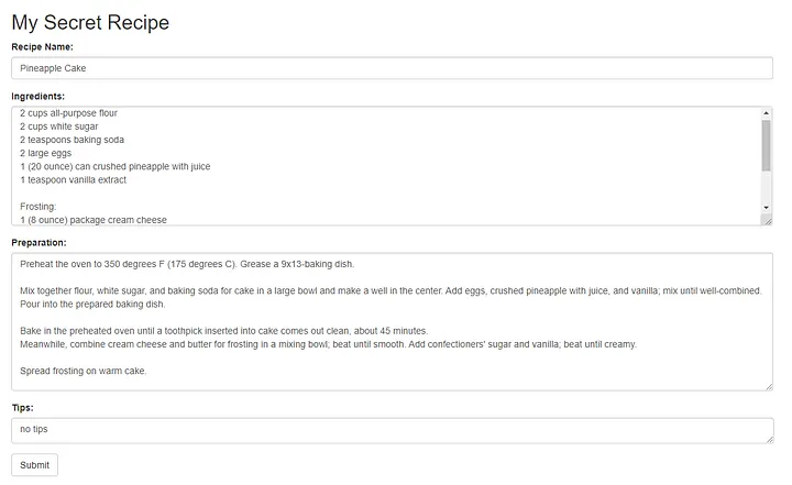 Recipe form screenshot