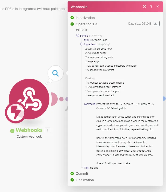 Webhook received data